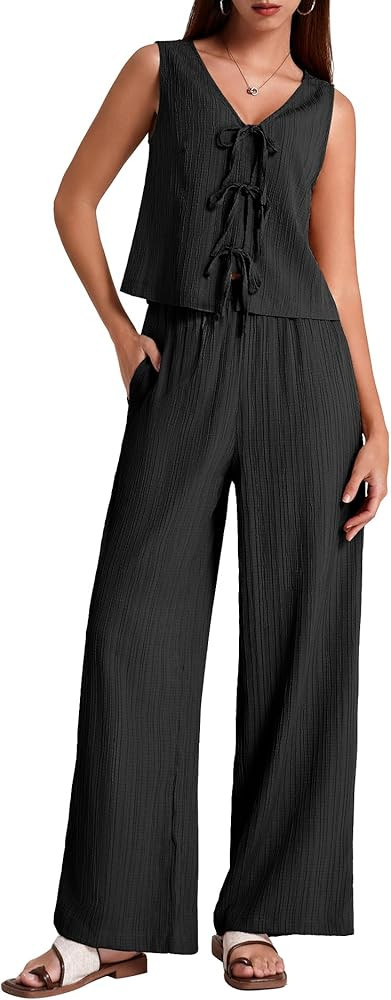 BeryLove Two Piece Sets for Women Summer Outfits Lounge Sets Cap Sleeve Tops Wide Leg Crop Pants ... | Amazon (US)