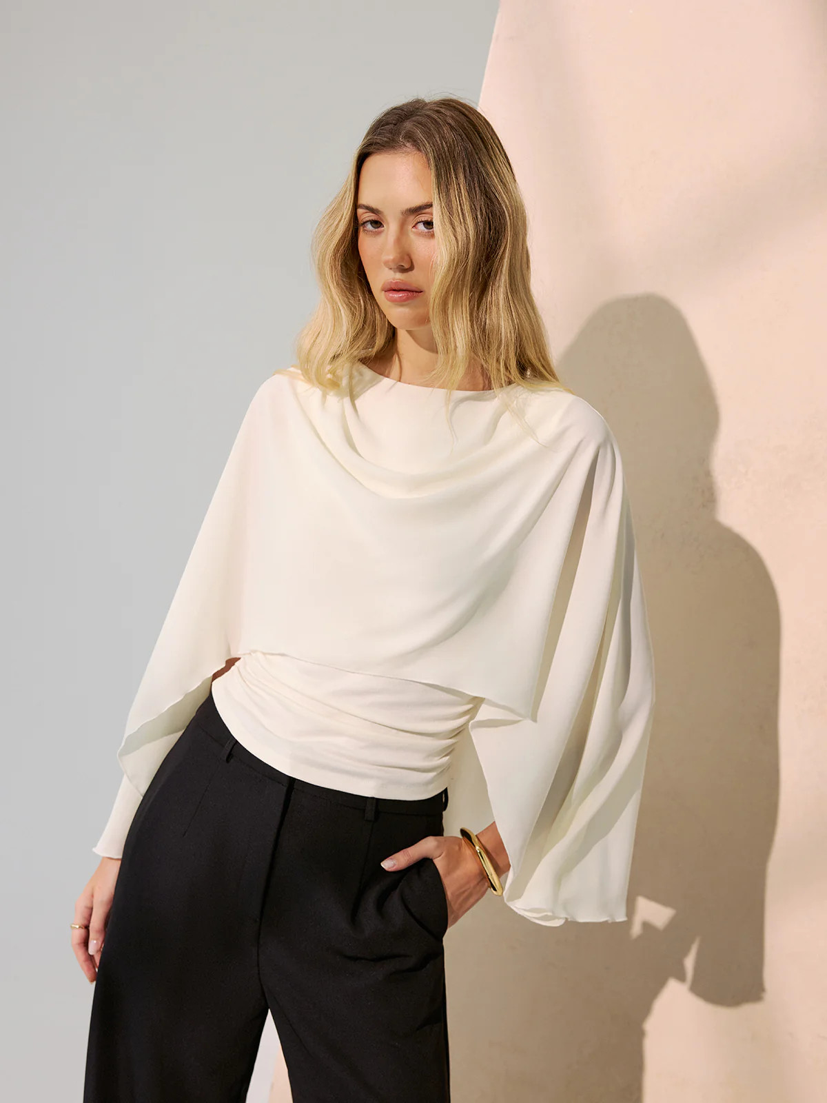 Backless Draped Cape-Sleeve Blouse | Commense