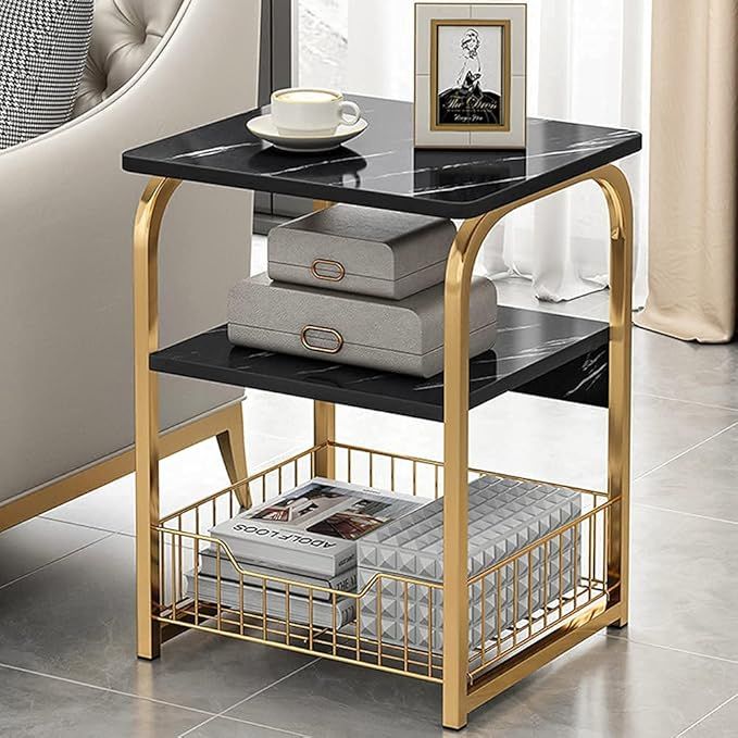 Modern Black Side Table with Storage Basket, 3 Tier Faux Marble End Table with Matte Gold Metal F... | Amazon (US)