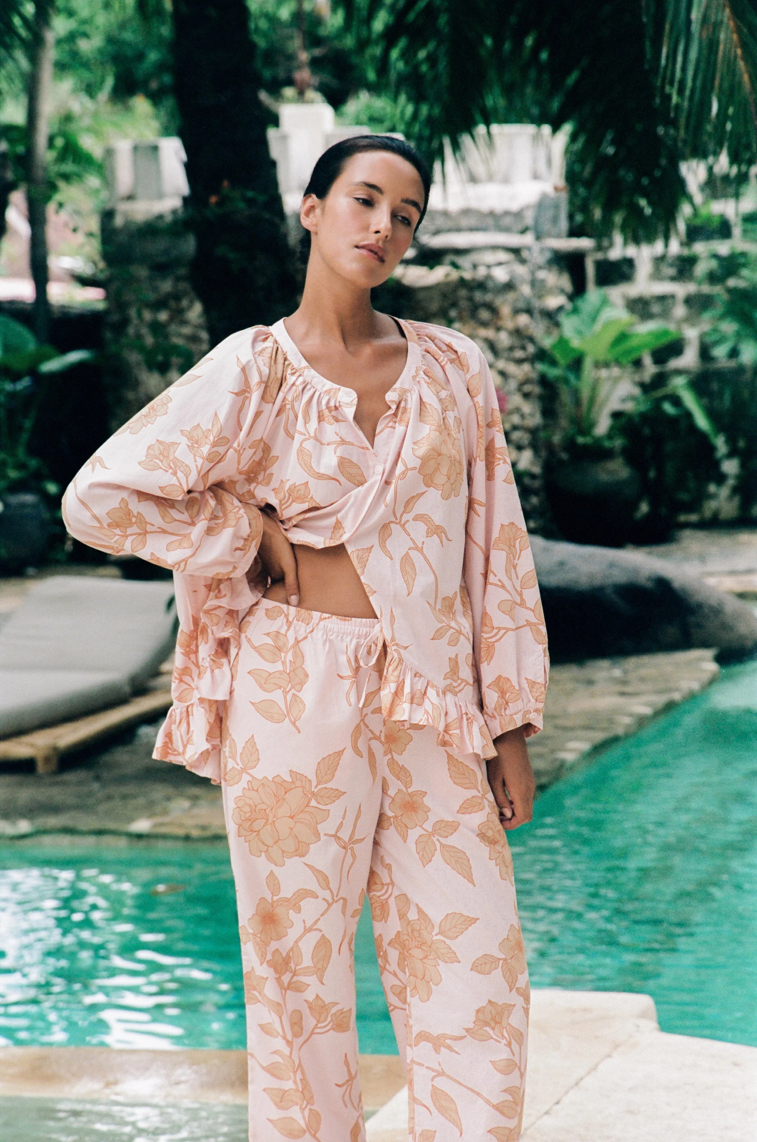 Sophie Pajama Set - Long - Cotton Modal - Romantic Floral Peach | Piyama US