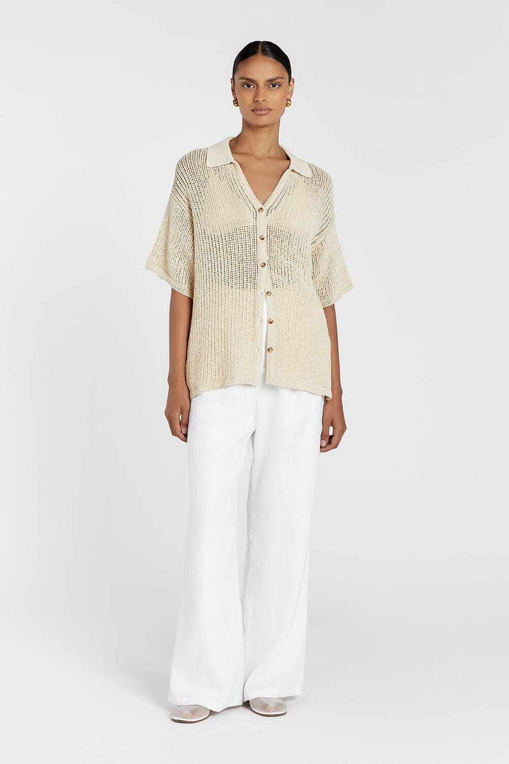MARGOT WHEAT KNIT CROCHET SHIRT | DISSH