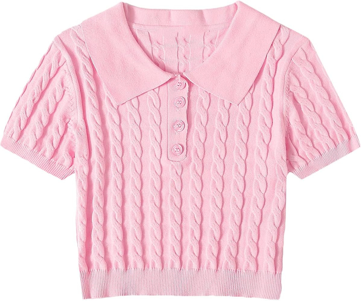 Verdusa Women's Button Front Short Sleeve Cable Knit Crop Top Pullover Sweater | Amazon (US)