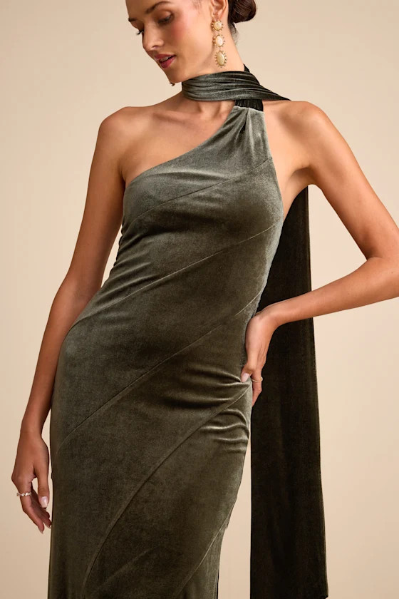Eleni Dusty Olive Velvet One-Shoulder Sash Maxi Dress | Lulus