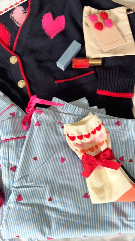 Cutest Valentines Day surprise from my friends at Talbots: navy and red sweater lady cardigan, pinstripe heart pajamas, heart socks, Merit tinted lip oil, heart earrings

#LTKGiftGuide #LTKover40 #LTKMostLoved