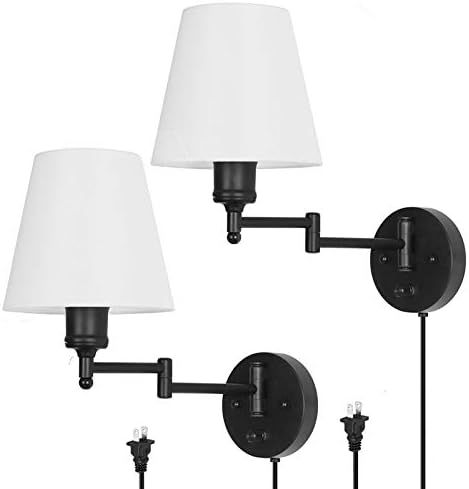 HAITRAL Adjustable Swing Arm Wall Sconces 2 Pack - Bedroom Wall Lamps with White Shade& Black Met... | Amazon (US)