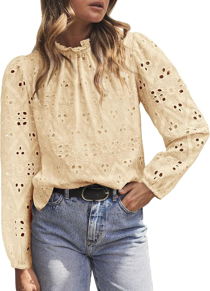 PRETTYGARDEN Womens Blouses Dressy Casual Embroidered Long Puff Sleeve Shirts Ruffle Eyelet Lace ... | Amazon (US)