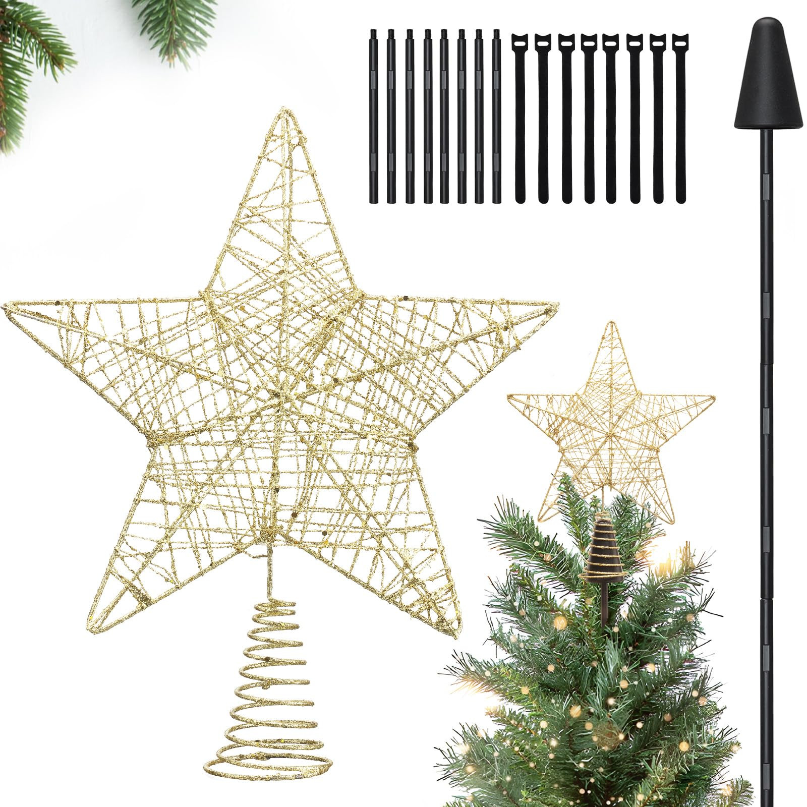Christmas Tree Topper, 9 Inch Star Tree Topper with Holder, Gold Xmas Glitter Hollow Star Treetop... | Amazon (US)