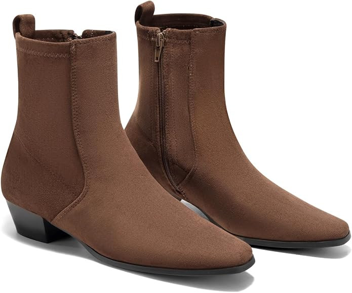 Coutgo Womens Ankle Boots Chunky Low Heel Square Toe Zip Dress Booties | Amazon (US)