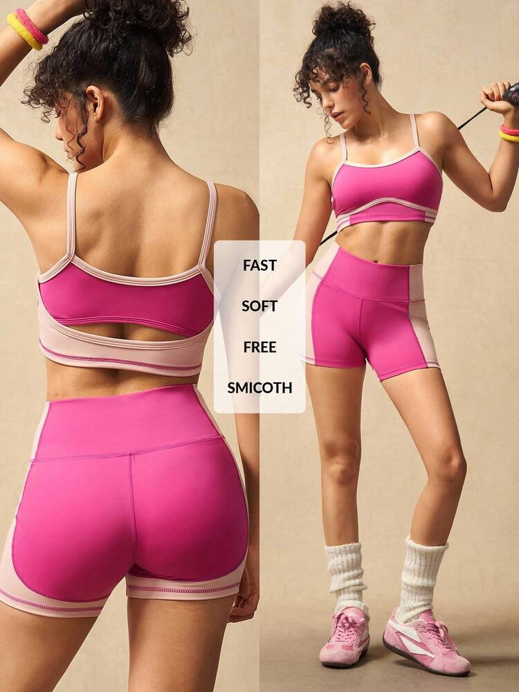 VARSITIE Black And White Contrasting Patchwork Strips Hollow High Waist Women Sports Sets | SHEIN
