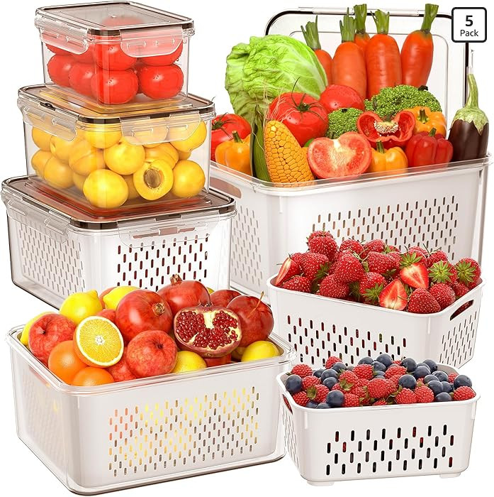 5 PCS Large Fruit Storage Containers for Fridge with Removable Colanders, Airtight Food Storage C... | Amazon (US)