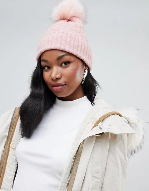 Bershka cable knit beanie with faux fur pom pom | ASOS US