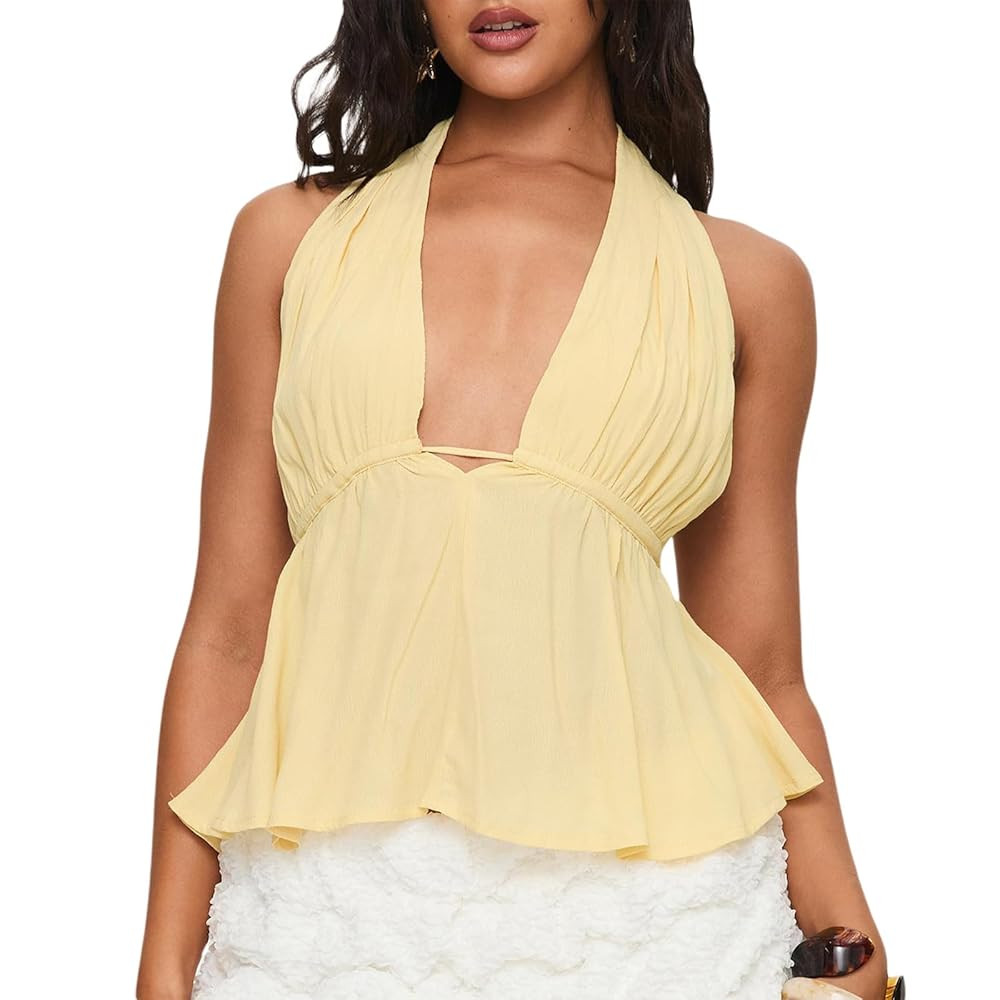 Women Crop Halter Cami Top Y2k Sleeveless Bow Tie Solid Color Cami Sexy Deep V Neck Backless Halt... | Amazon (US)