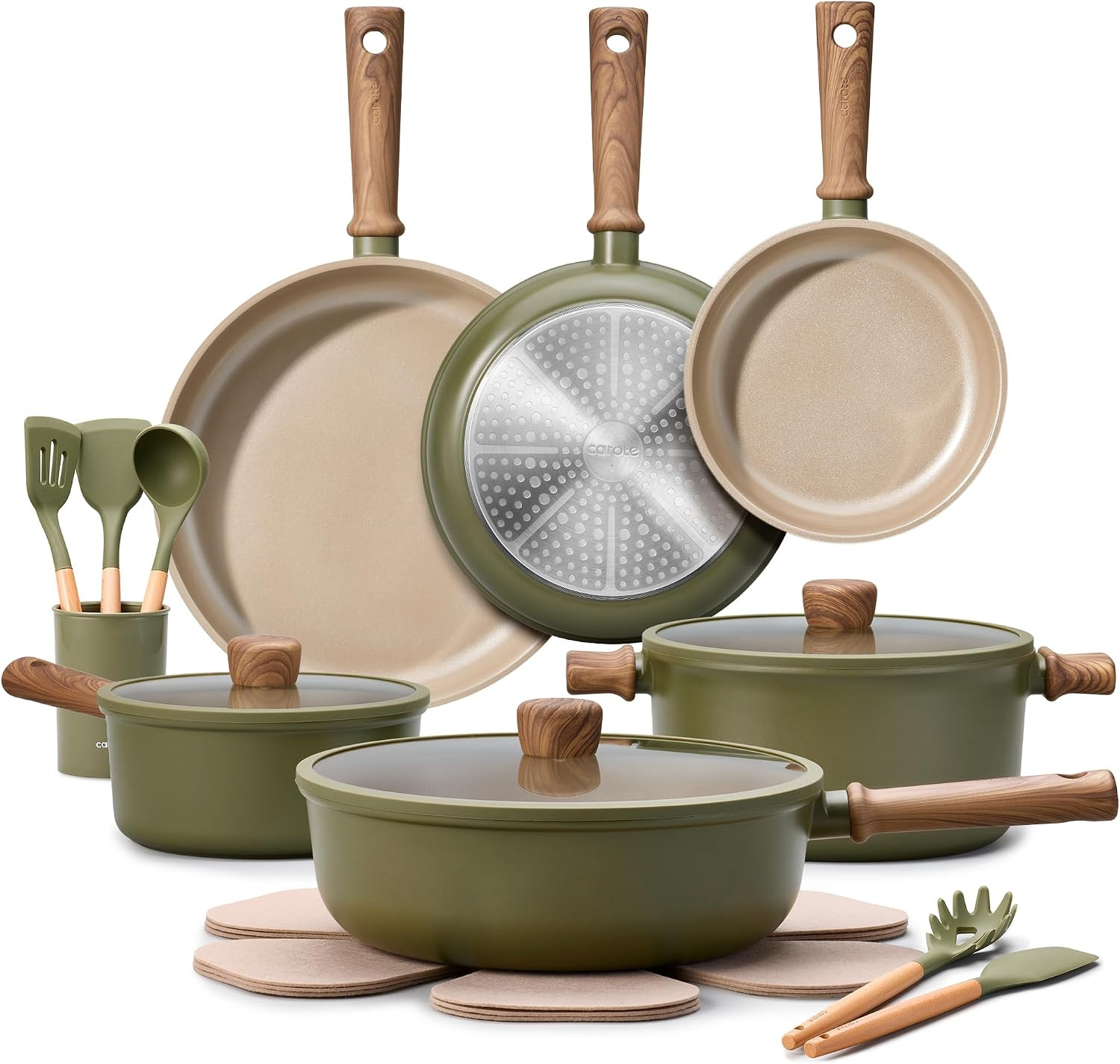 CAROTE 21pcs Ceramic Cookware Set, Pots and Pans Set, Green | Amazon (US)
