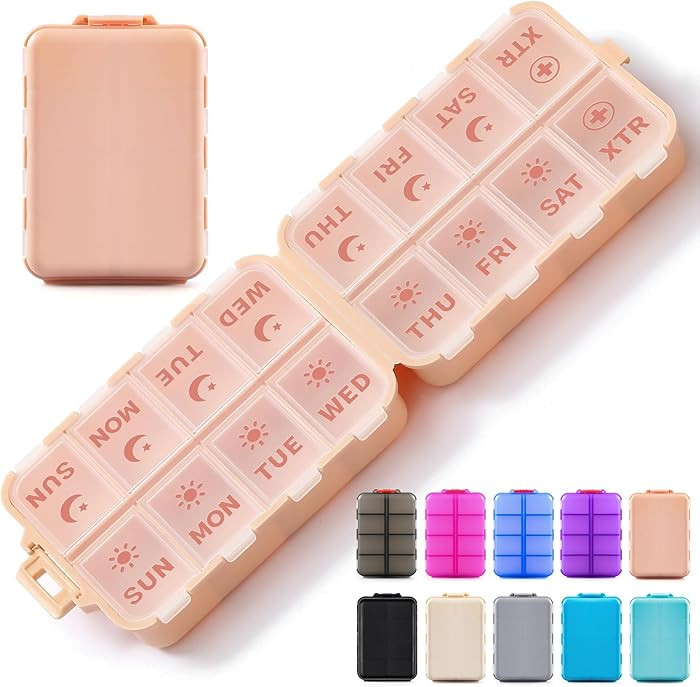 Foldable Weekly Pill Organizer 2 Times a Day with 2 Extra Compartments - Etched Labels - Portable... | Amazon (US)