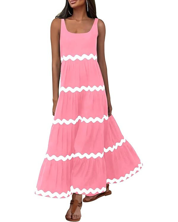 PRETTYGARDEN Women's 2024 Summer Sundresses Sleeveless Scoop Neck Tiered Flowy Beach Vacation Par... | Amazon (US)