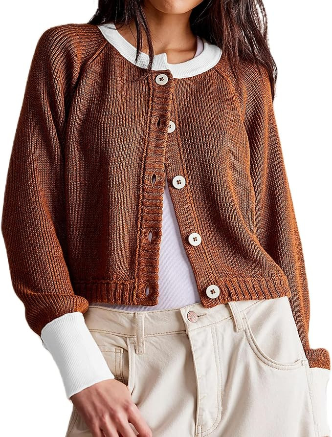 Women Contrast Knitted Cardigan Long Sleeve Button Front Sweater Y2k Classic Knit Tops Warm Outer... | Amazon (US)