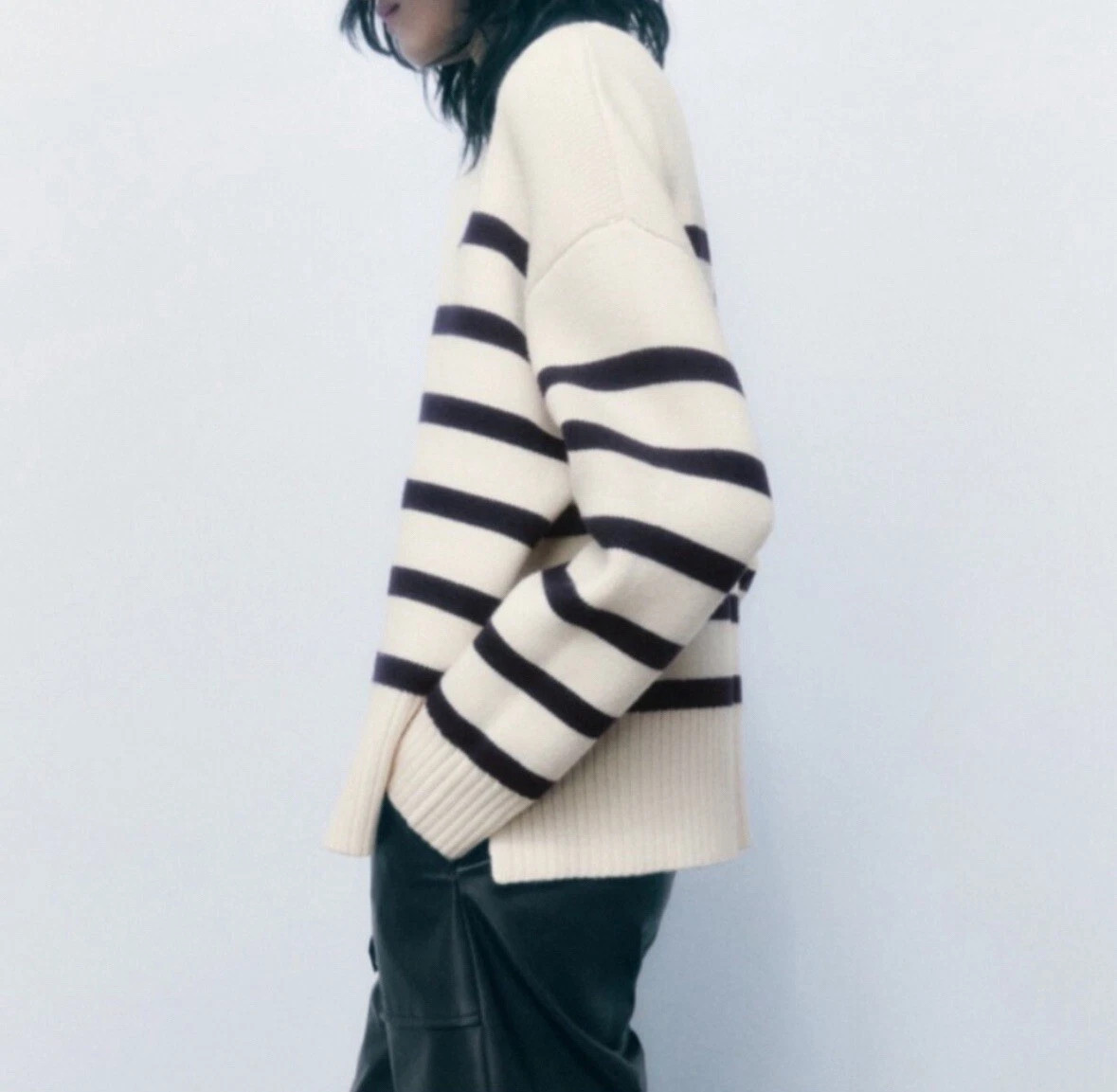 Zara EUC Women's Striped Sweater Oversized Cream Black size L  | eBay | eBay US