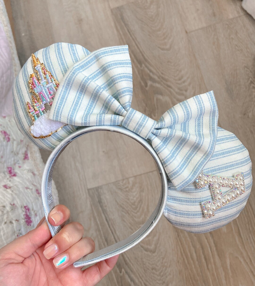 Castle & Letter Custom Patch Mickey Ears Light Blue Striped Ears With Pearl Letter Patch Spring M... | Etsy (US)