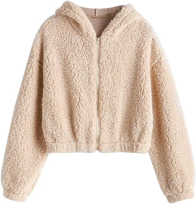 ZAFUL Women's Zip Up Fluffy Teddy Jacket Coat Faux Shearling Drop Shoulder Cropped Sweatshirts | Amazon (US)