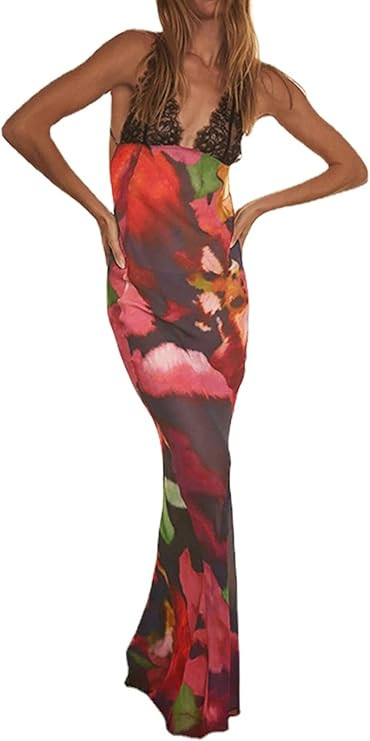 XPONNI Y2k Dress Backless Maxi Dresses for Women, Red Tie Dye Dress with Lace Strap, Sexy Party D... | Amazon (US)