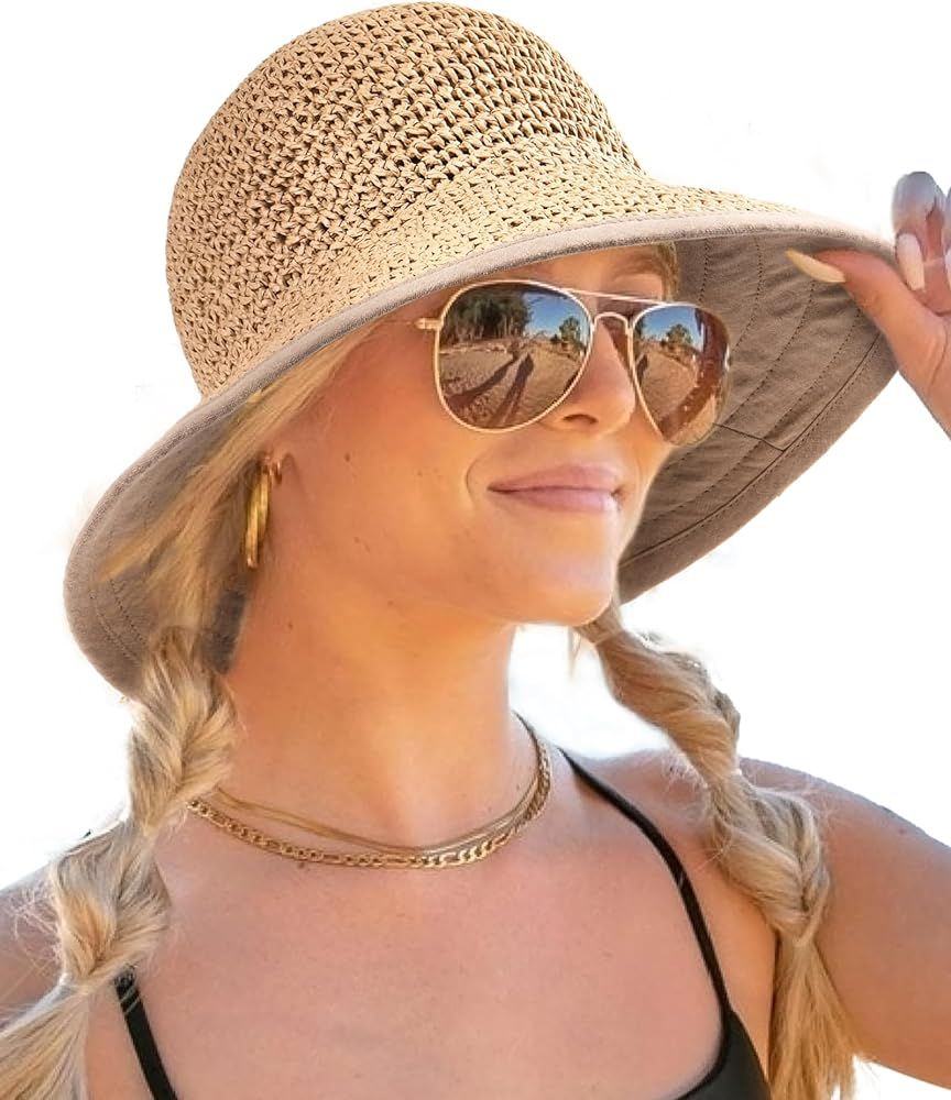 FURTALK Sun Hats for Women Summer Beach Hat Wide Brim Handmade Straw Hat Foldable Packable UPF 50... | Amazon (US)