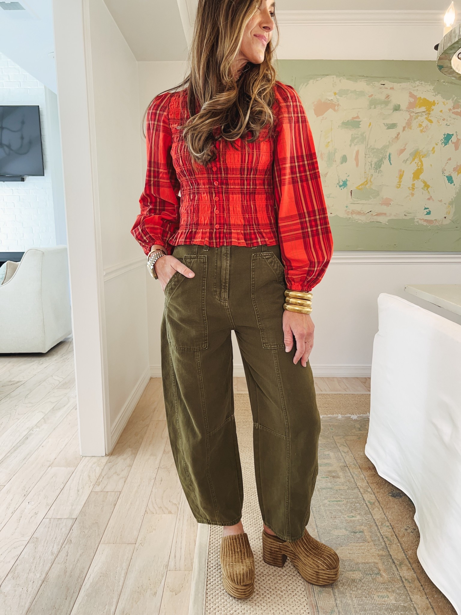 Cute plaid top with these insanely comfy olive green pants both from Target. Larroude clogs  

#LTKootd #LTKOver40 #LTKFindsUnder50