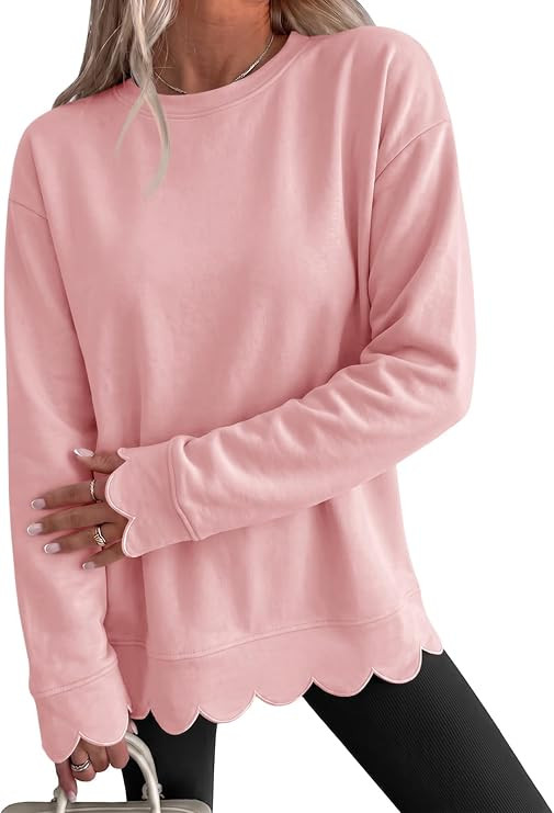 Fisoew Womens Oversized Crewneck Sweatshirts Scalloped Casual Pullover Tops | Long Sleeve, Comfy,... | Amazon (US)
