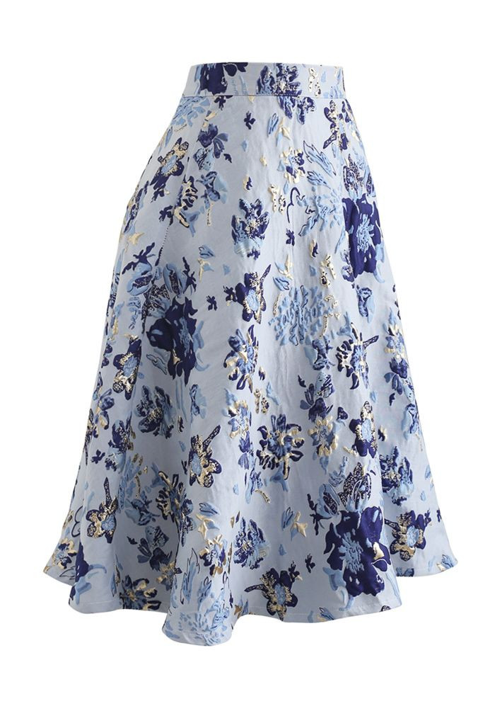 Blue Floral Embossed Jacquard Midi Skirt | Chicwish