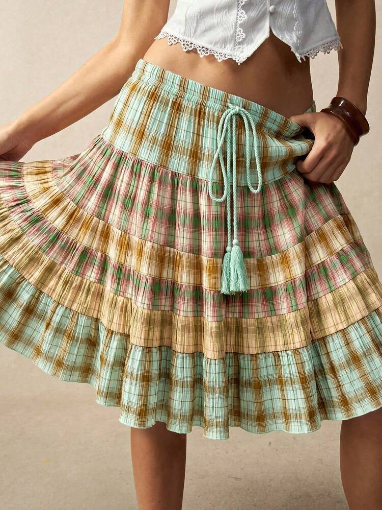Bohemela Summer Casual Loose Vacation Versatile Green Woven Plaid Patchwork Women's Skirt | SHEIN
