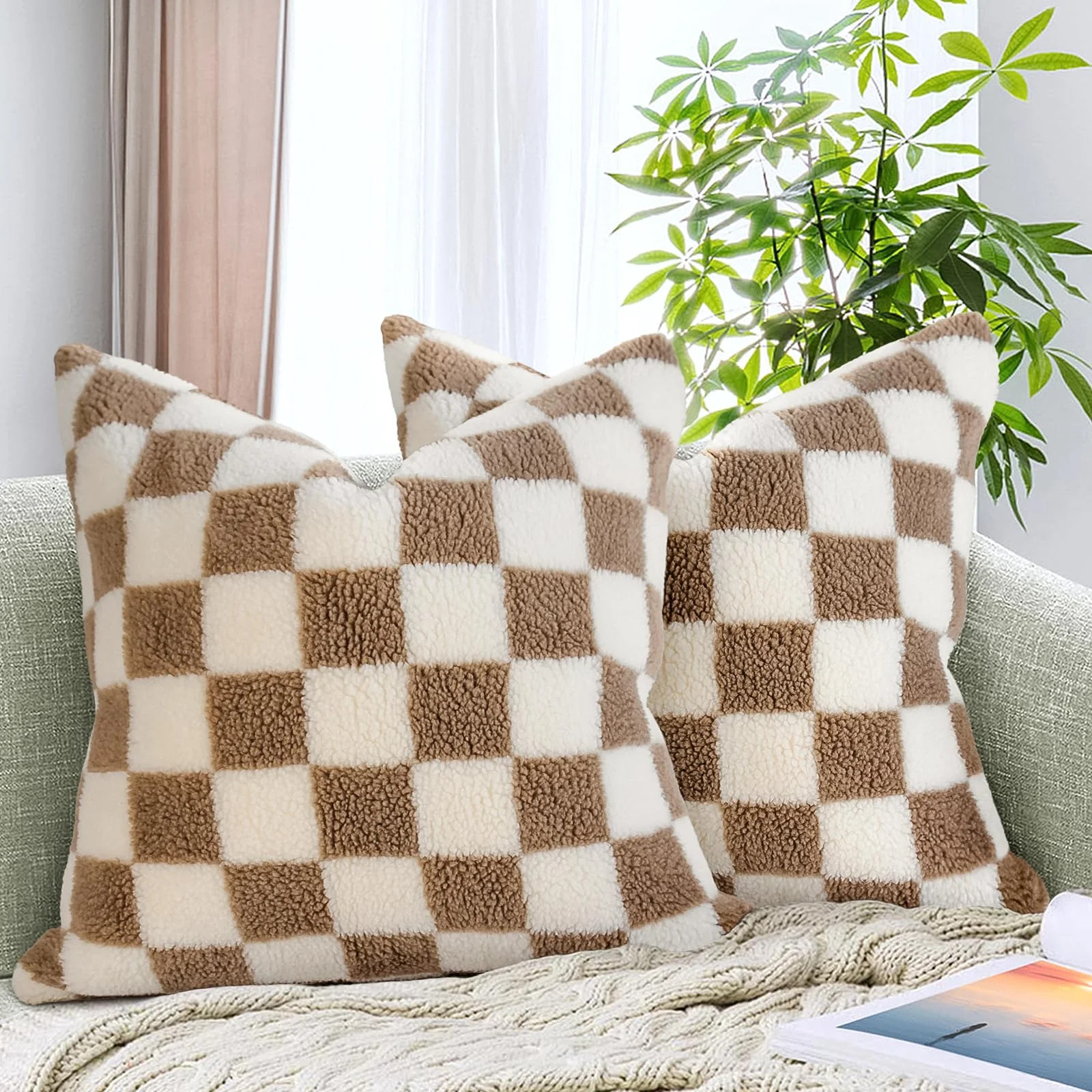 2 Pack Decorative Pillow Covers Checkerboard Pattern Super Soft Faux Fur and Velvet Dual Sided Cu... | Walmart (US)