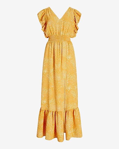 Printed Ruffle Sleeve Smocked Waist Maxi Dress | Express