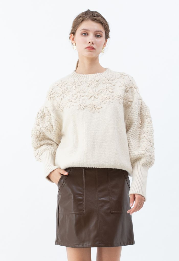 Flowers Stitched Puff Sleeves Knit Sweater | Chicwish