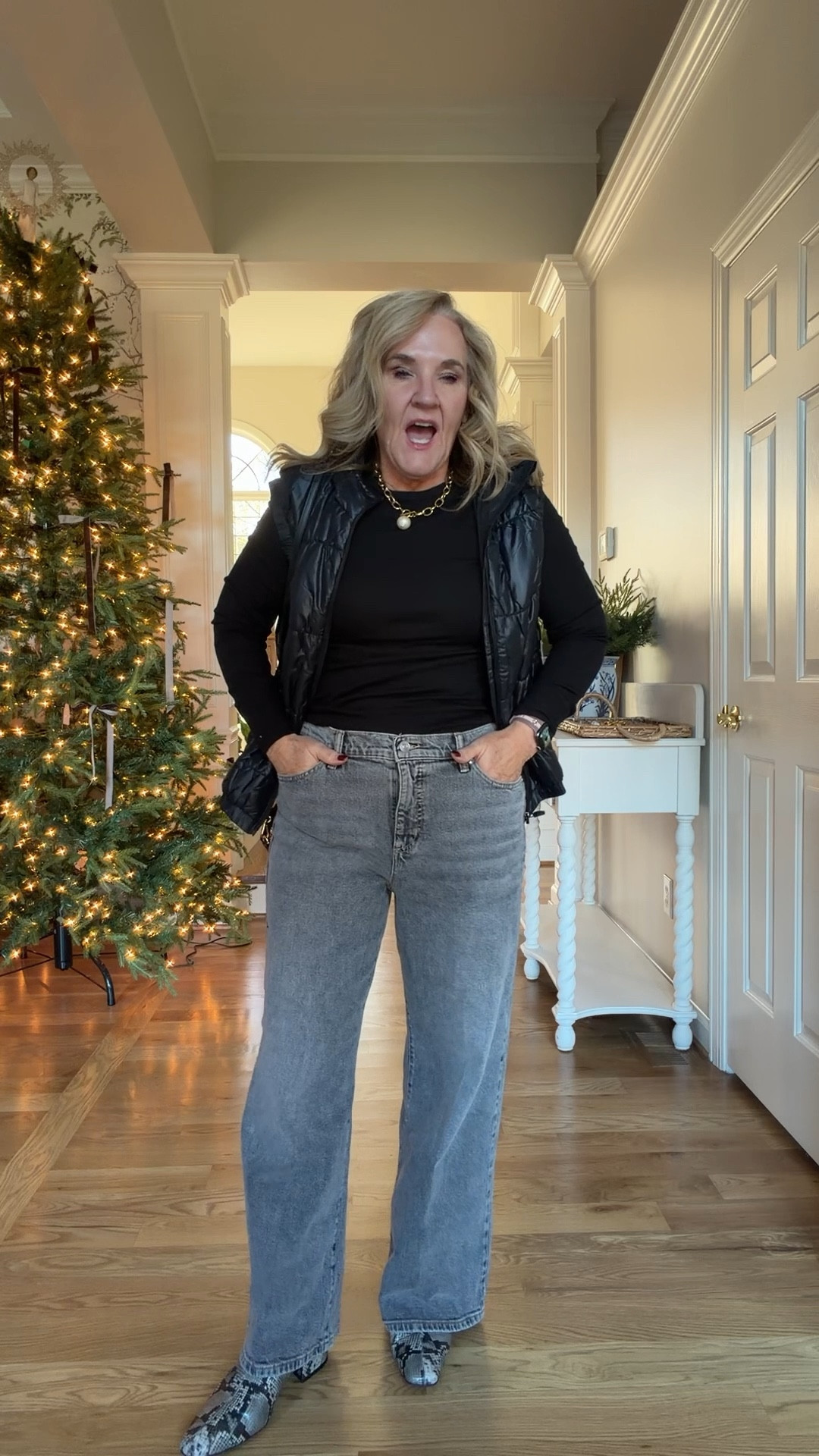 Jeans size down im in a 6
Vest size medium 
Tee size medium 


#LTKGiftGuide #LTKFindsUnder50 #LTKOver40