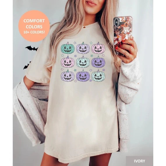 Comfort Colors Pumpkin Faces Halloween Shirt, Pastel Halloween Pumpkin Face Halloween Shirt, Cute... | Etsy (US)