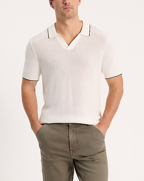 Tipped Johnny Collar Perfect Pima Cotton Sweater Polo | Express