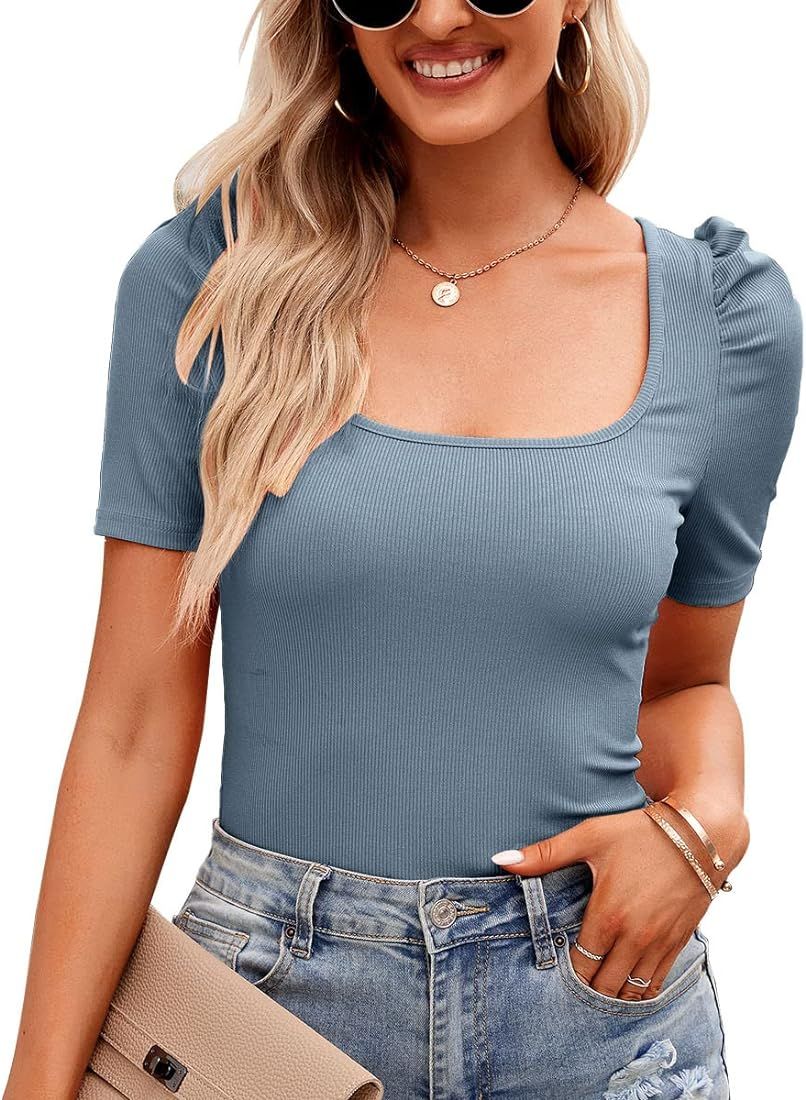 Miniketty Women's Short Sleeve Tops Casual Summer Square Neck Fitted Ribbed Knit T Shirts | Amazon (US)