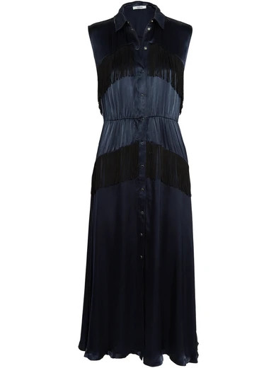 GANNI - Donnelly Fringed Satin Midi Dress - Navy | NET-A-PORTER (US)