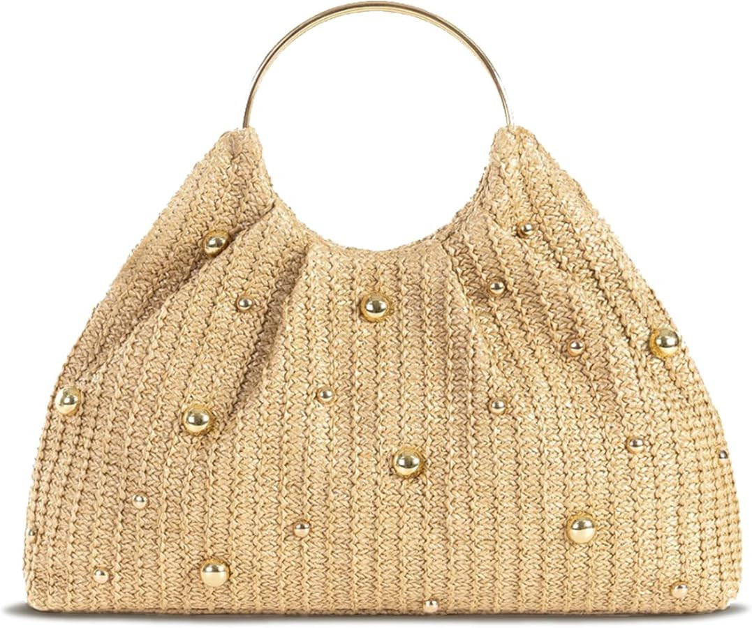KingTo Straw Bag for Women, Woven Handbag with Gold Studs & Ring Handle, Boho Summer Beach Bag, C... | Amazon (US)