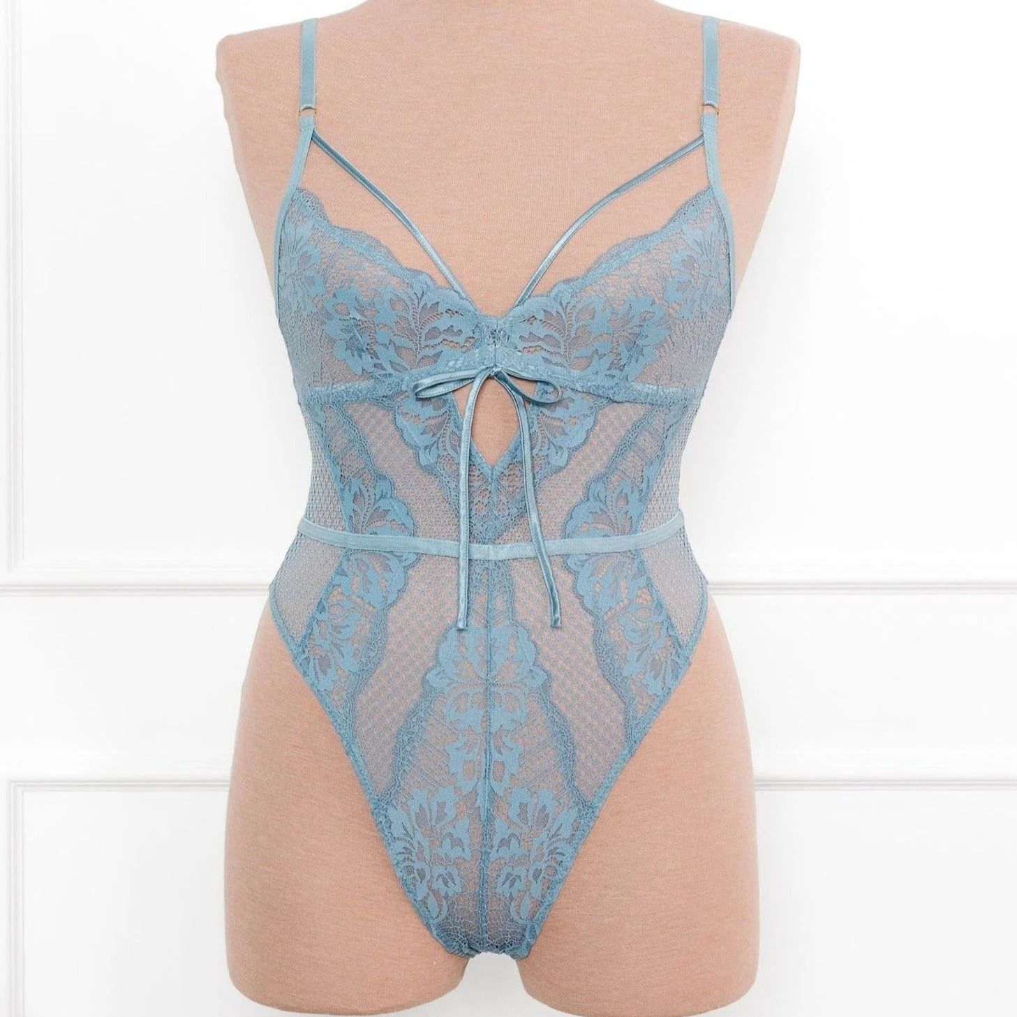 Lacy Caged Crotchless Teddy - Frost Blue | Mentionables