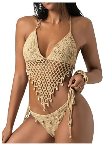 MakeMeChic Women's Boho Hollow Out Halter Bikini Sets Shell Crochet Summer Beach Swimsuit Bathing Suit Khaki Medium | Amazon (US)