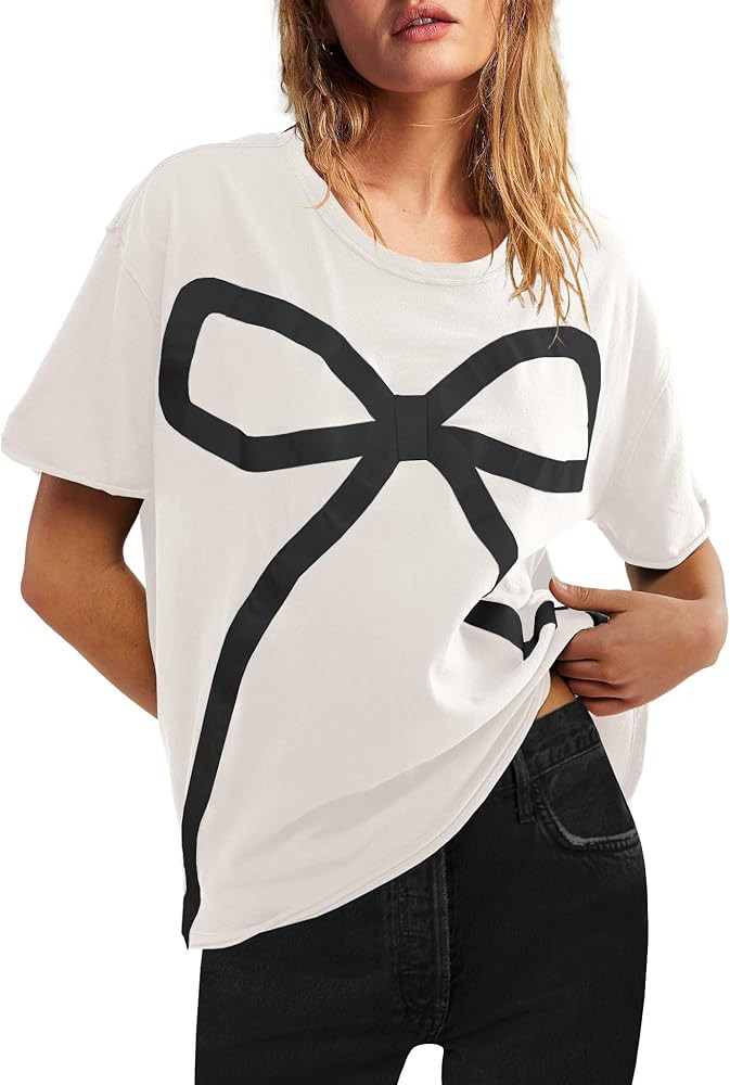 ReachMe Womens Funny Graphic T Shirts Cute Bow Print Tops Summer Round Neck Short Sleeve Shirts O... | Amazon (US)