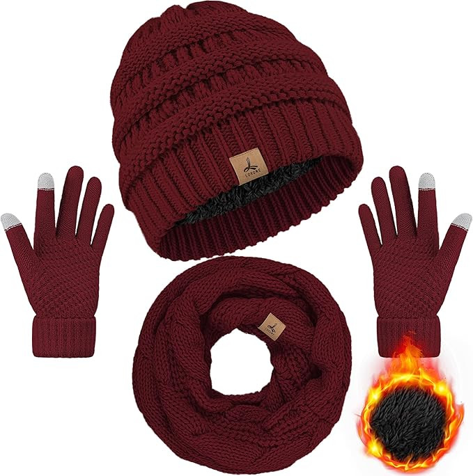 Winter Beanie Hat Scarf Gloves, Warm Fleece Knit Hats Touch Screen Gloves Neck Scarf Set Winter G... | Amazon (US)