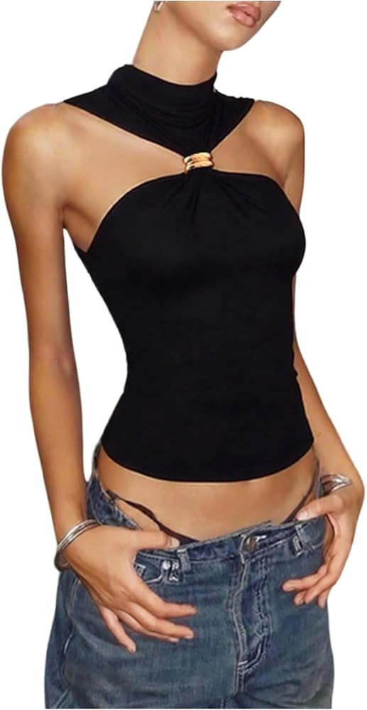GORGLITTER Women's Sleeveless Mock Neck Tops Metal Twist Front Cut Out Halter Date Night Club Tan... | Amazon (US)