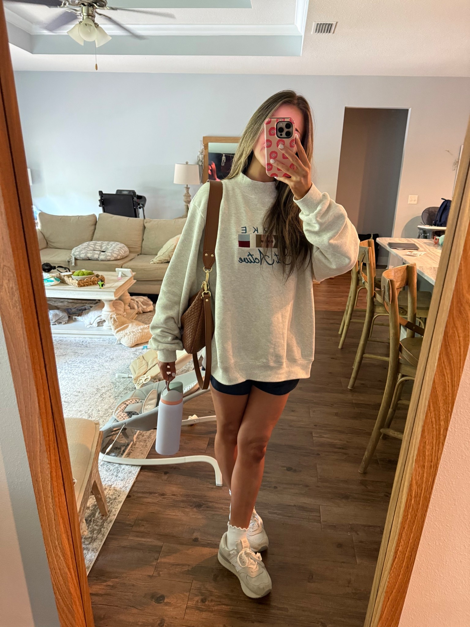 Wearing L/XL in PARKE Sweatshirt, XS in Alo Shorts, 8.5 in shoes, purse is the larger size. Phone case is from kbscanvas.com 🩷🧡

#LTKFindsUnder100 #LTKItBag #LTKActive