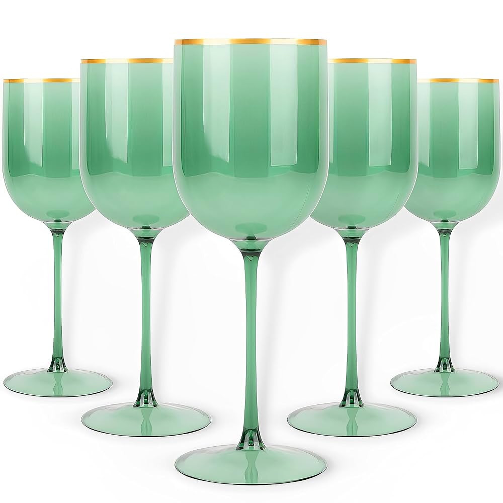 Blue Sky Green Plastic Wine Glasses With Gold Rim - 12oz (5-Pack) Reusable, Disposable Cups for P... | Amazon (US)