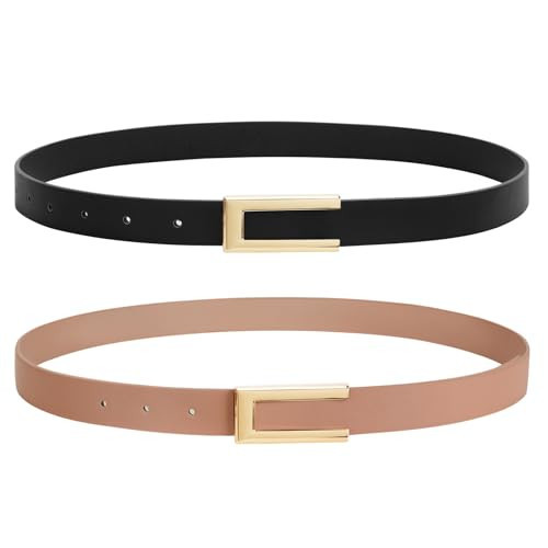 SANSTHS 2 Pack Skinny Leather Belts for Women, Ladies Thin Waist Belt for Dresses Jeans Pants with Gold Buckle, Black+Khaki, XXXL | Amazon (US)
