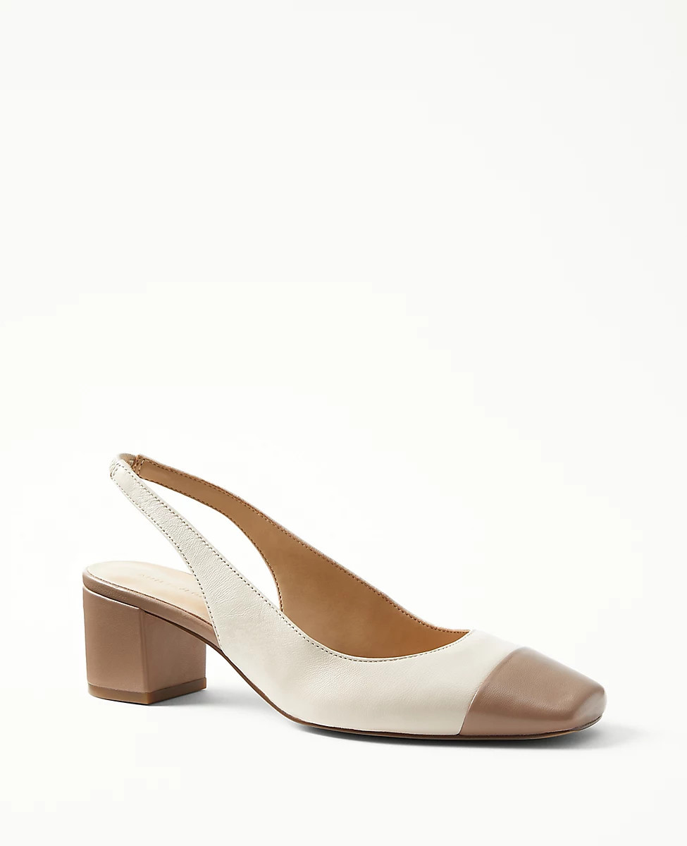 Leather Cap Toe Block Heel Slingback Pumps | Ann Taylor (US)