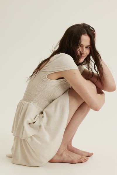 Tiered-skirt Smocked Dress - Square Neckline - Short sleeve - Light beige - Ladies | H&M US | H&M (US + CA)