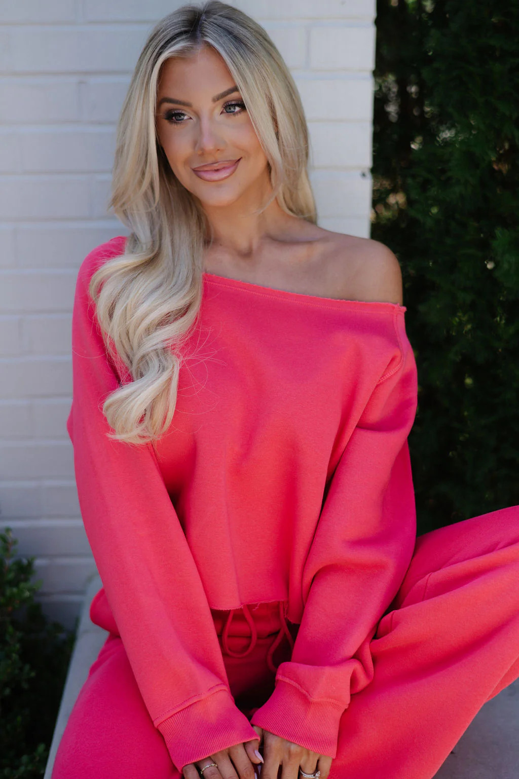 Fleece Off The Shoulder Top-Cherry | These Three