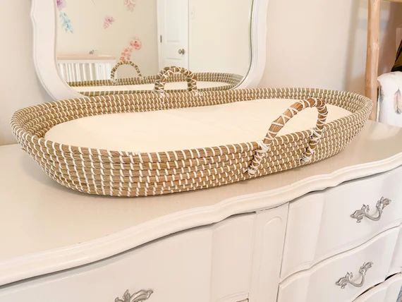 Baby Changing Basket with Foam Diaper Pad and Sheet, Handmade Seagrass Changing Basket, Newborn W... | Etsy (US)